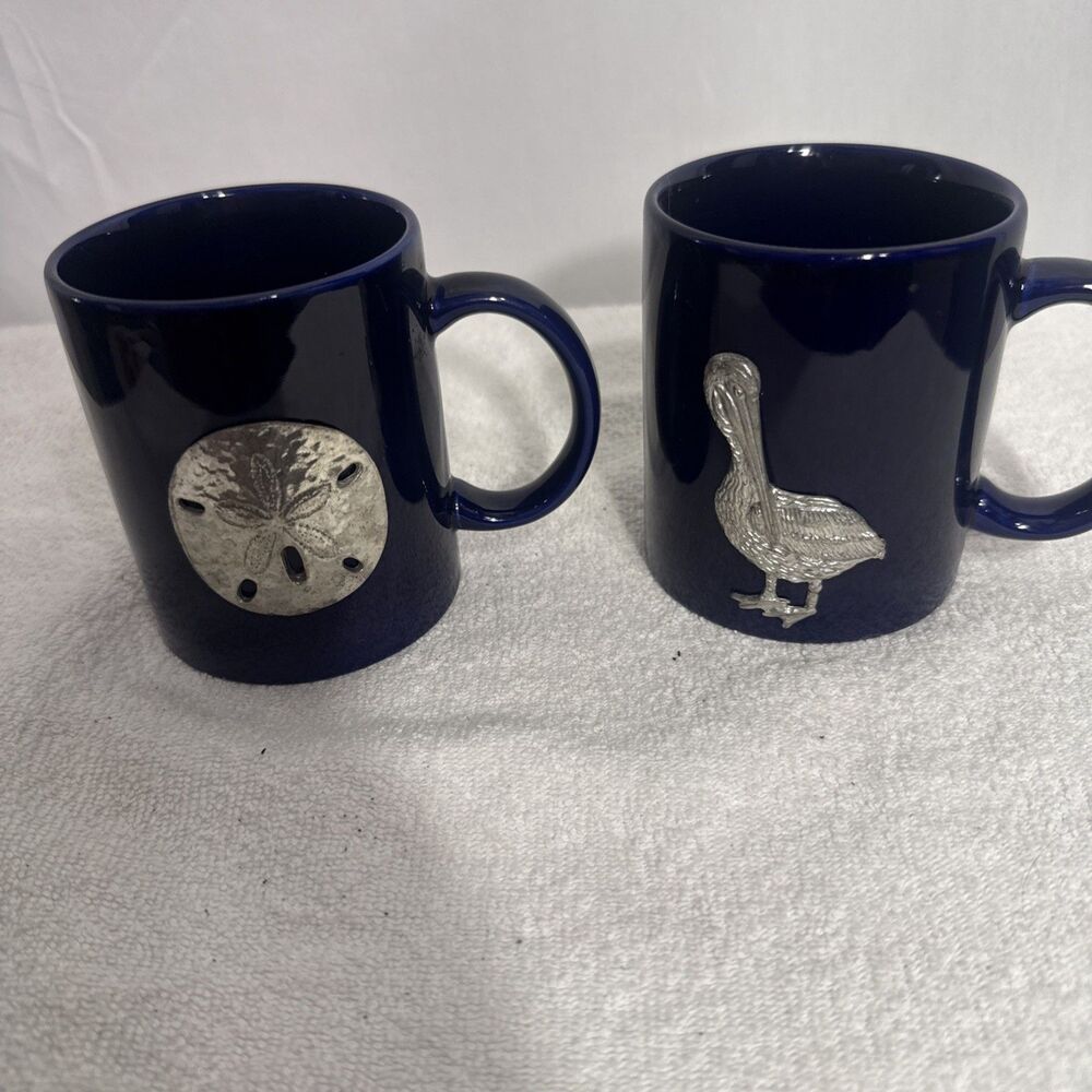 Cobolt Blue 10oz Mugs Set Of 2 W/Raised Pewter Sand Dollar& Pelican
